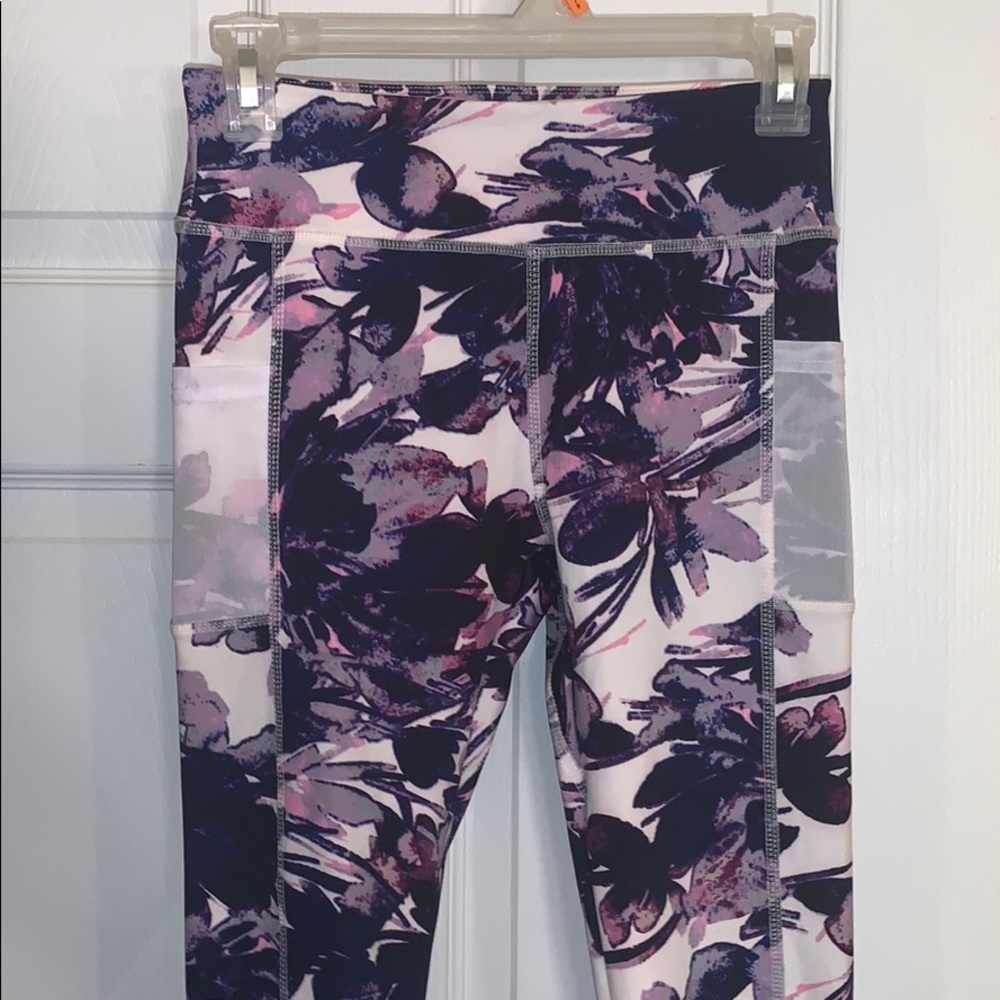 Purple Floral Fitness Tights w/ Sheer Pockets